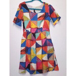 Geometric print dress Sz M Novelty fit & flare multicolor Frock Shop pockets Zip